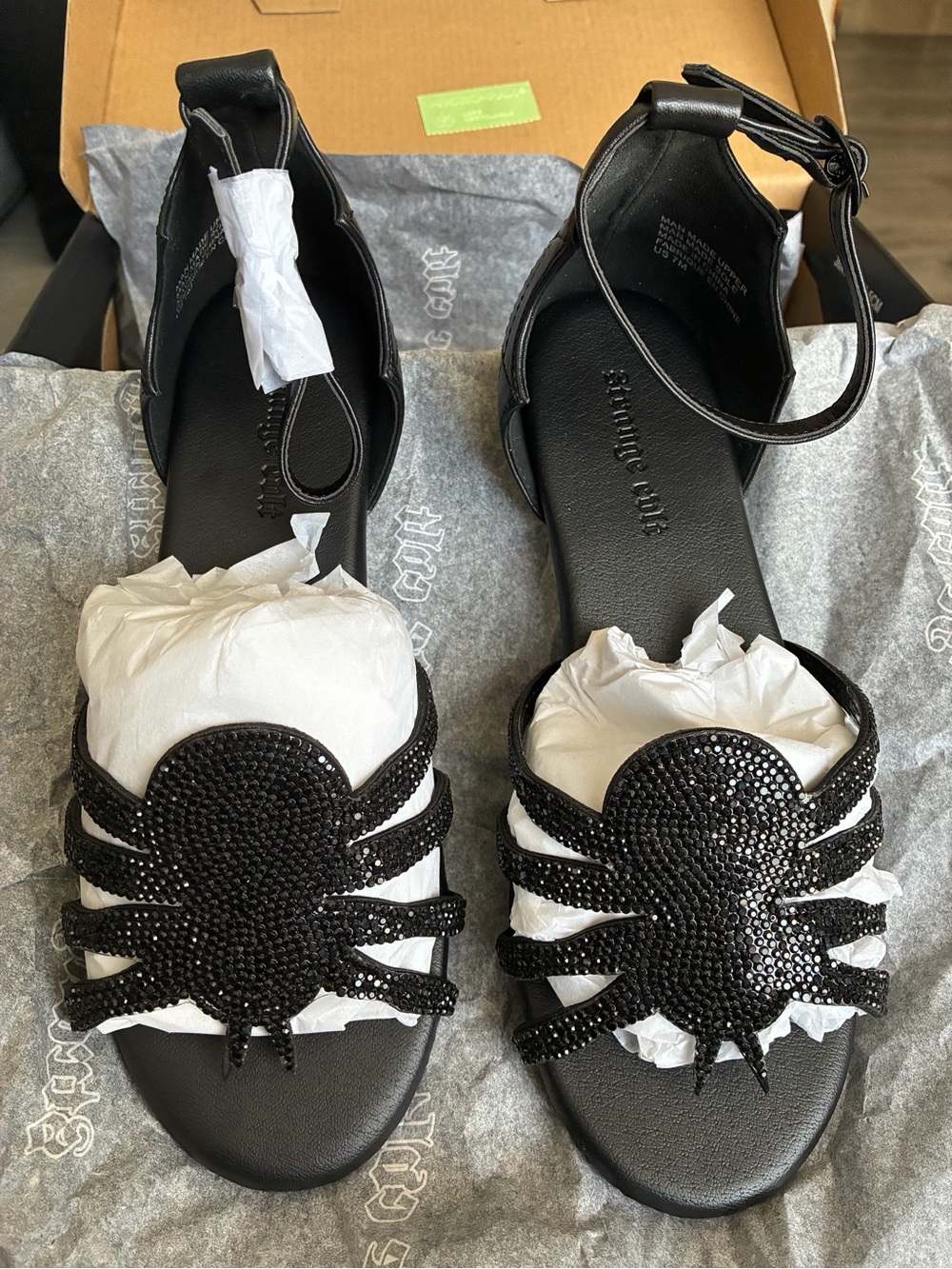 Strange Cvlt Black Embellished Spider Ankle-Strap Sandals - size 7